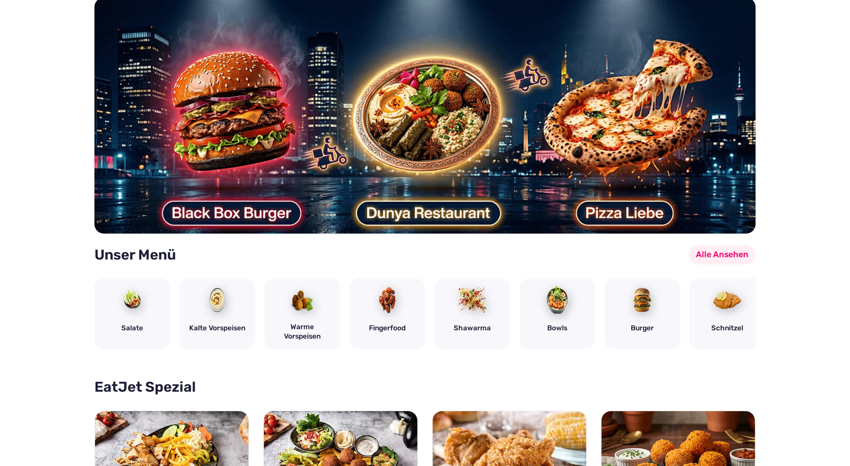 EatJet restaurant storefront in a desktop browser — dishes with photos and prices under the restaurant's own branding