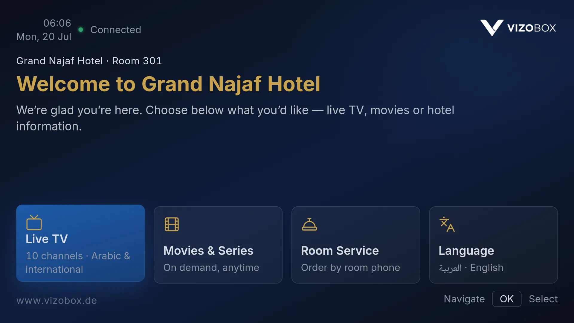 VIZOBOX in-room home screen on a hotel television